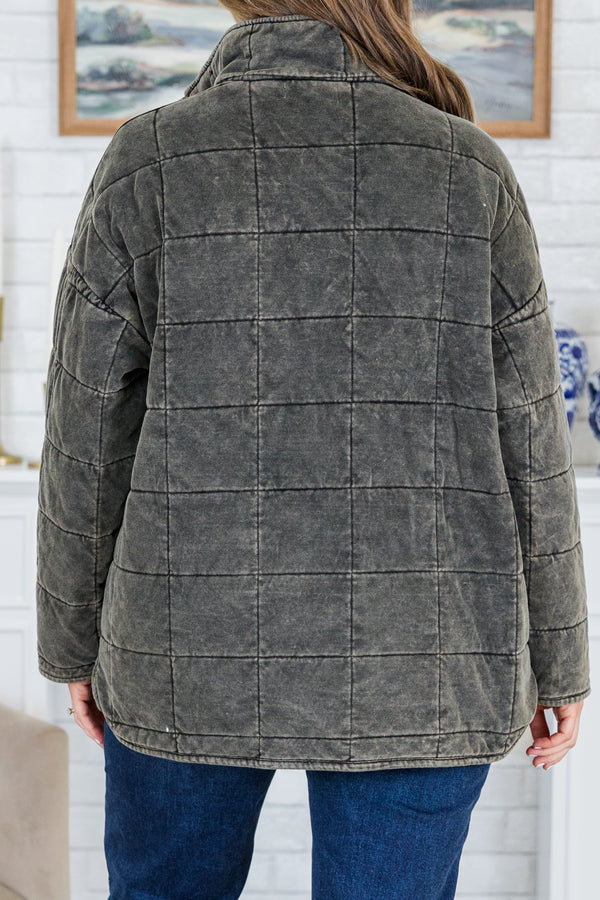 Chic Soul plus size clothing, long-sleeve washed black quilted collared zip-up jacket 