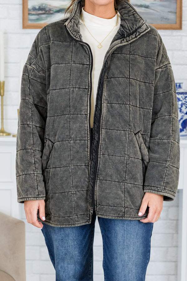 Chic Soul plus size clothing, long-sleeve washed black quilted collared zip-up jacket 