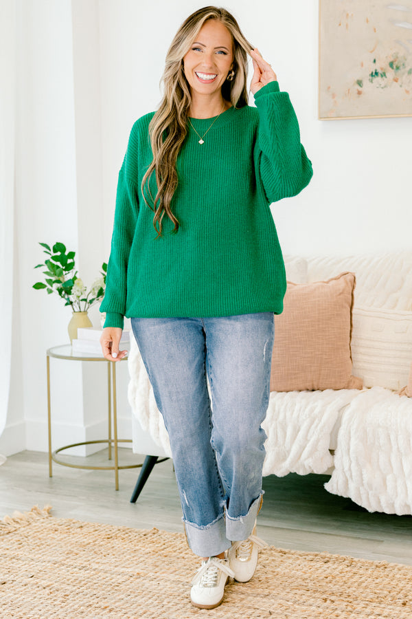 Chic Soul plus size clothing, green long sleeve sweater with a ribbed texture 
