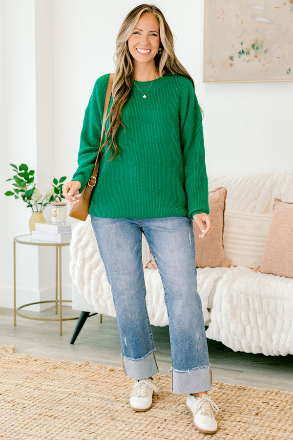 Chic Soul plus size clothing, green long sleeve sweater with a ribbed texture 