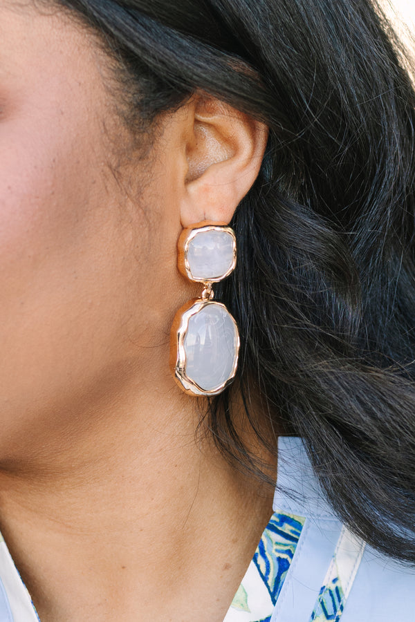 Chic Soul plus size clothing, two cream stone dangle earrings with gold outlining the stones