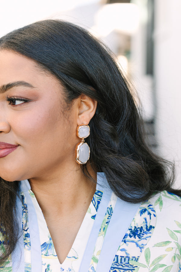 Chic Soul plus size clothing, two cream stone dangle earrings with gold outlining the stones