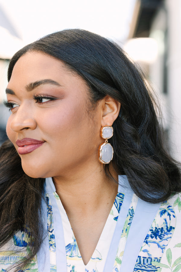 Chic Soul plus size clothing, two cream stone dangle earrings with gold outlining the stones