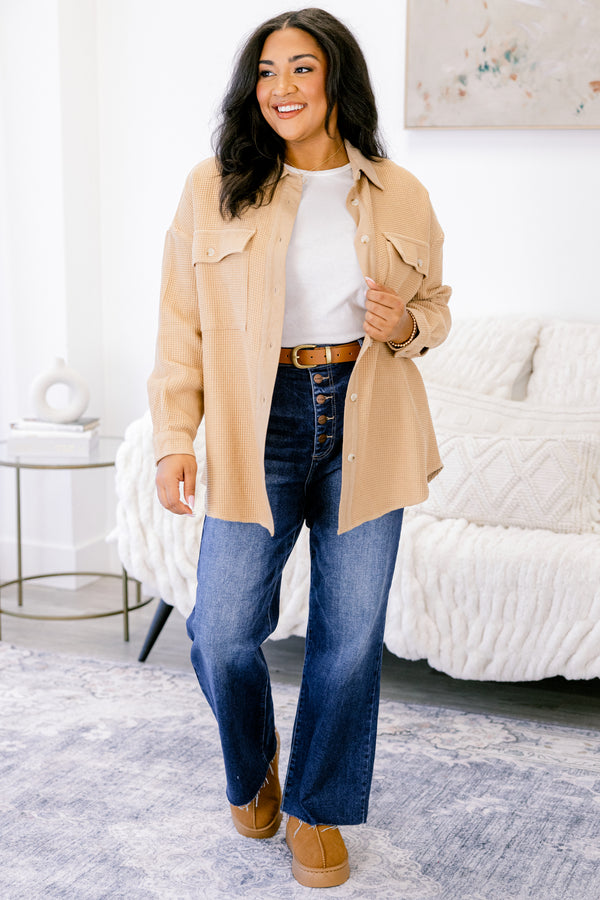 Chic Soul plus size clothing, khaki tan button down and collared long sleeve jacket with two front breast pockets