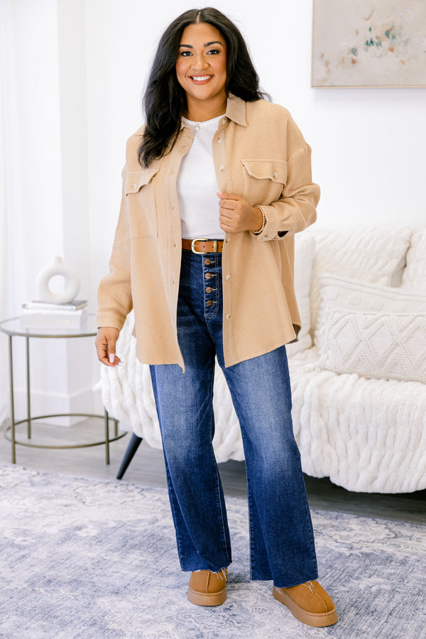 Chic Soul plus size clothing, khaki tan button down and collared long sleeve jacket with two front breast pockets