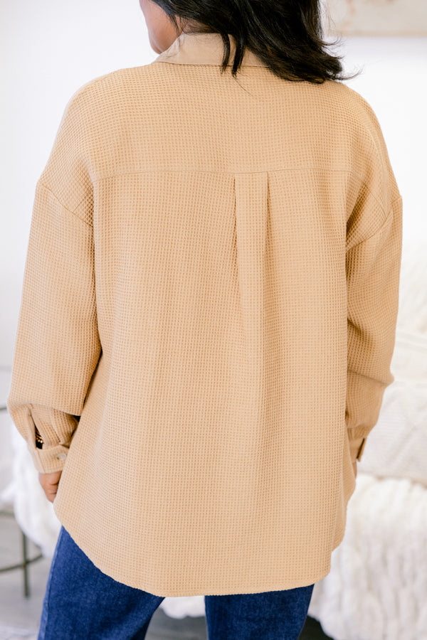 Chic Soul plus size clothing, khaki tan button down and collared long sleeve jacket with two front breast pockets