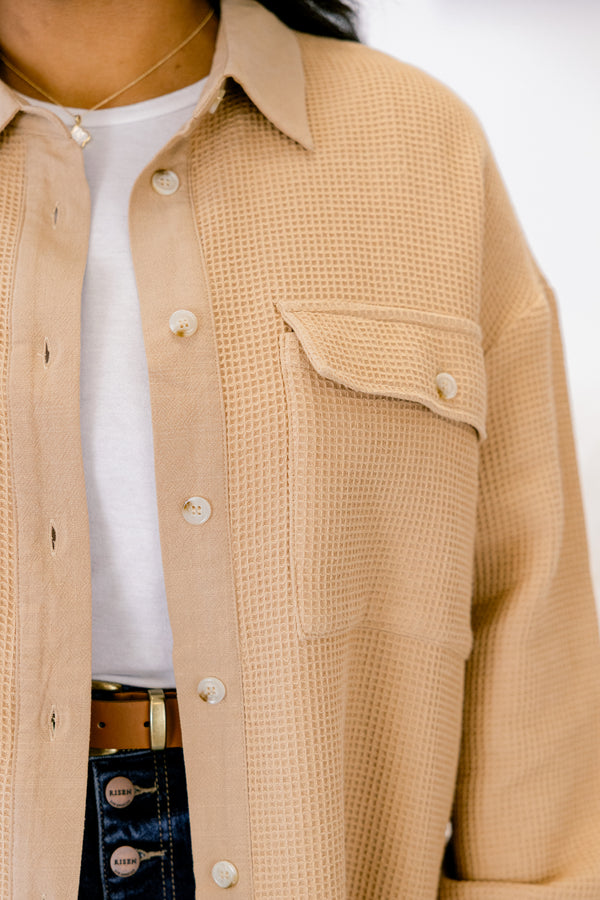 Chic Soul plus size clothing, khaki tan button down and collared long sleeve jacket with two front breast pockets