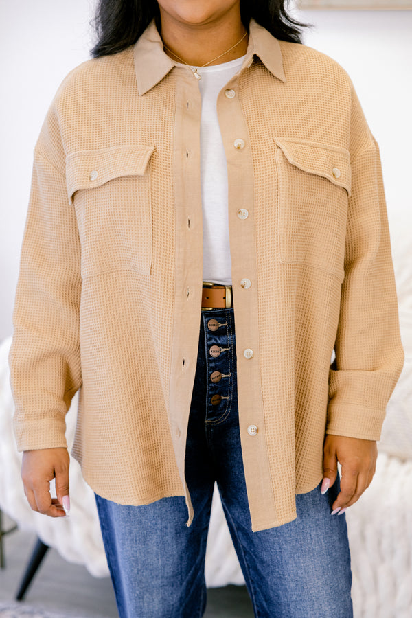 Chic Soul plus size clothing, khaki tan button down and collared long sleeve jacket with two front breast pockets