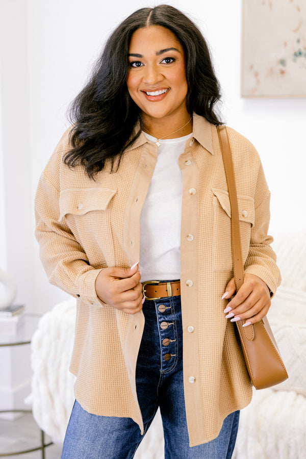 Chic Soul plus size clothing, khaki tan button down and collared long sleeve jacket with two front breast pockets