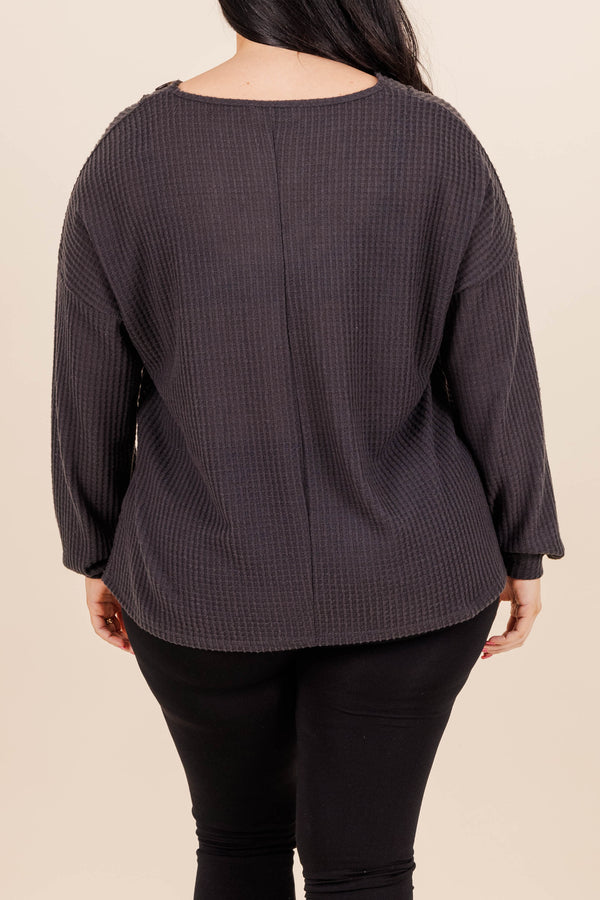 Chic Soul plus size clothing, ash grey sweater with buttons on neckline and bubble sleeves