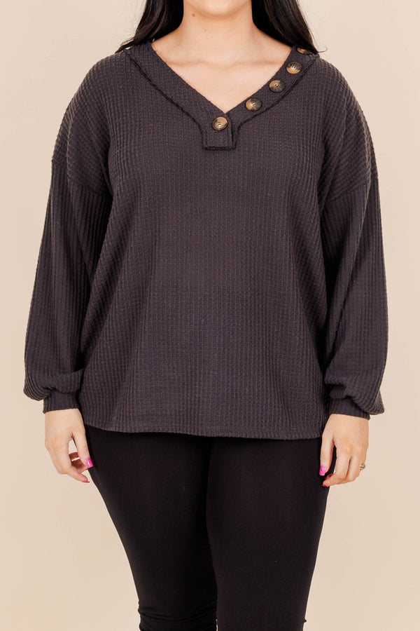 Chic Soul plus size clothing, ash grey sweater with buttons on neckline and bubble sleeves