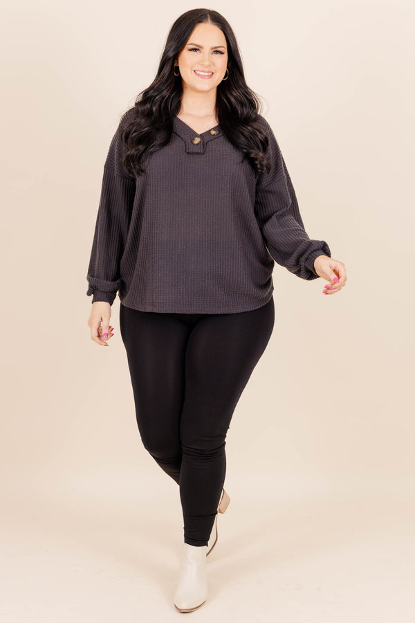 Chic Soul plus size clothing, ash grey sweater with buttons on neckline and bubble sleeves