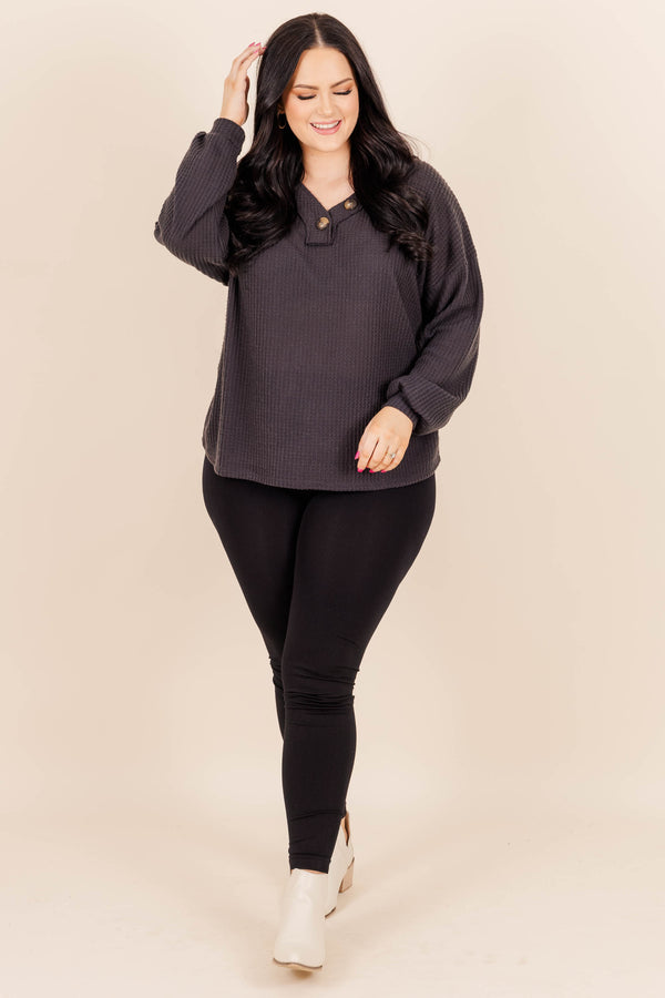 Chic Soul plus size clothing, ash grey sweater with buttons on neckline and bubble sleeves