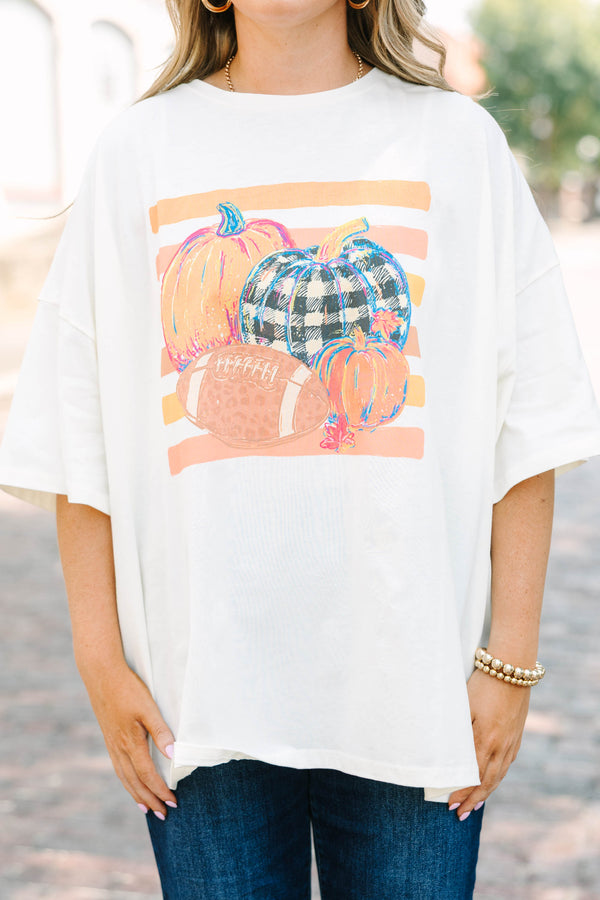 Plus Size ivory oversized boyfriend tee with a fall pumpkin and football graphic