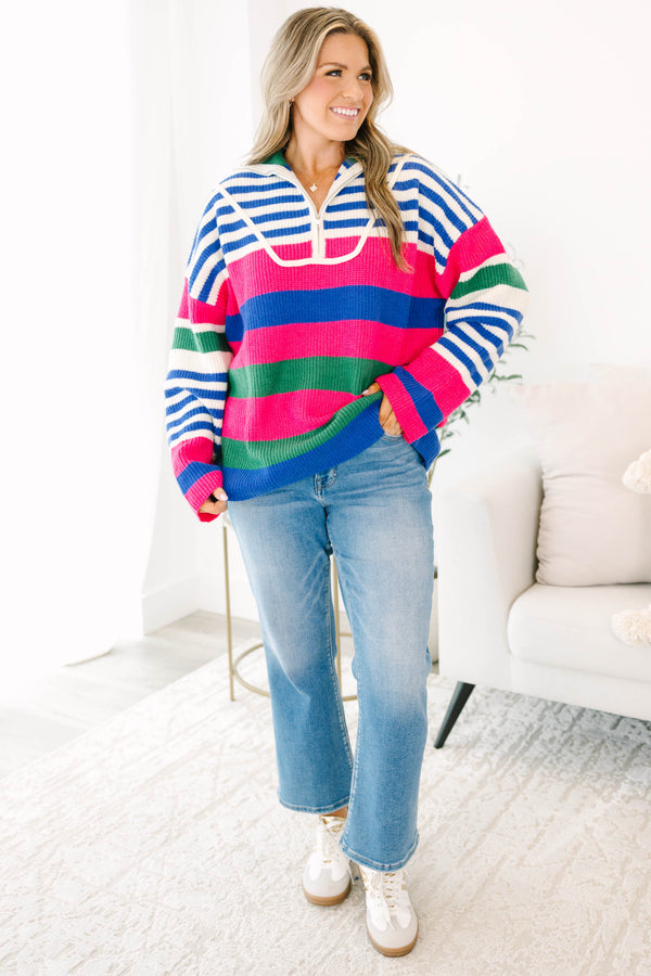 Chic Soul plus size clothing, blue multi colored sweater with a striped pattern and a zipper on the chest 