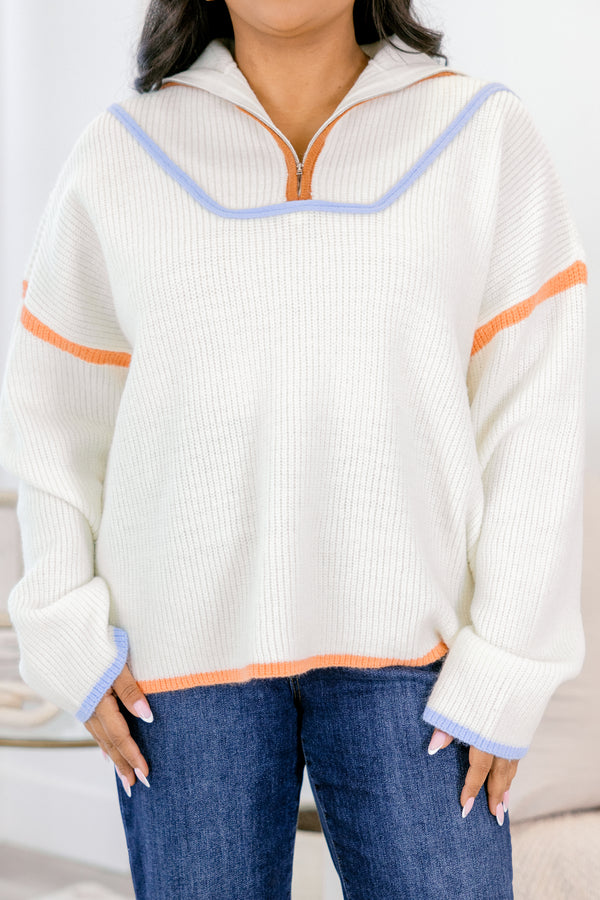 Chic Soul plus size clothing, beige long sleeve knit sweater pullover with zip up collar detail with multi color outlining along chest and neckline and sleeves and bottom