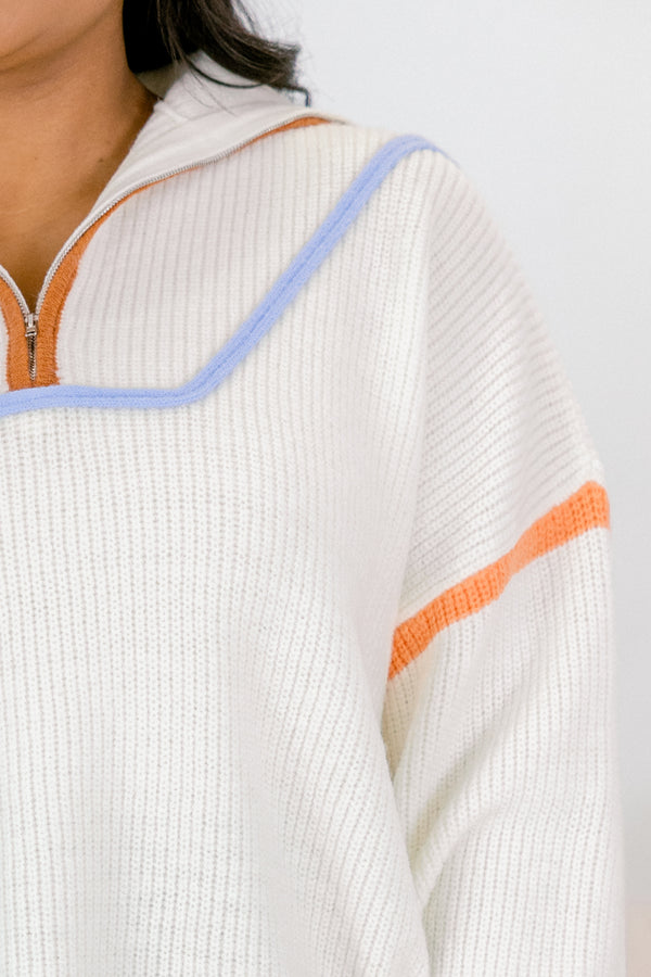 Chic Soul plus size clothing, beige long sleeve knit sweater pullover with zip up collar detail with multi color outlining along chest and neckline and sleeves and bottom