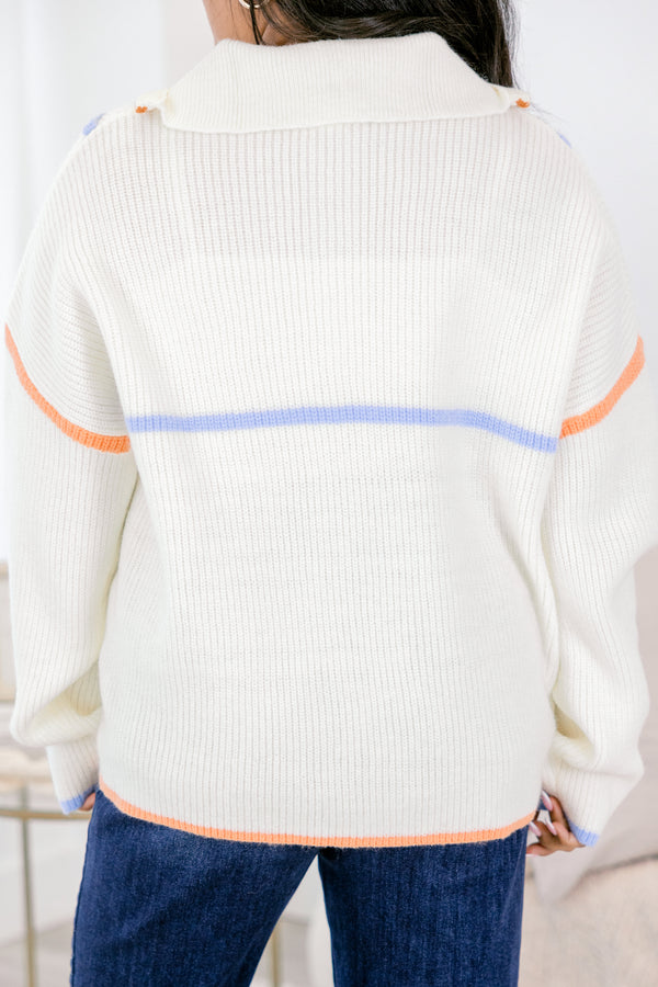 Chic Soul plus size clothing, beige long sleeve knit sweater pullover with zip up collar detail with multi color outlining along chest and neckline and sleeves and bottom