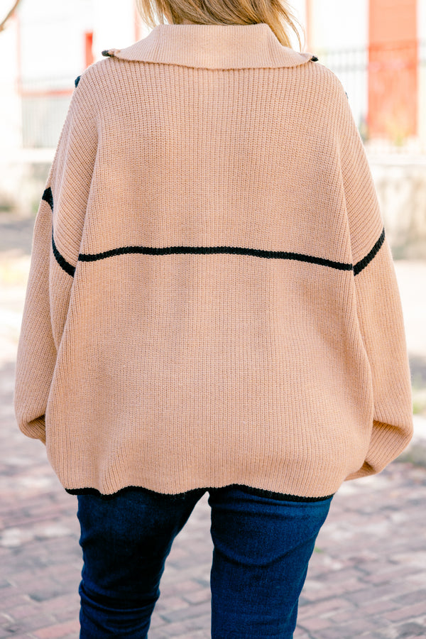 Chic Soul Plus size Clothing, taupe long sleeve sweater pullover with a zipper and black stitching details on the sleeves and neckline 