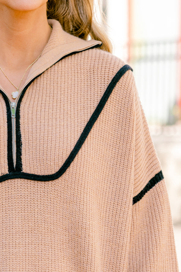 Chic Soul Plus size Clothing, taupe long sleeve sweater pullover with a zipper and black stitching details on the sleeves and neckline 