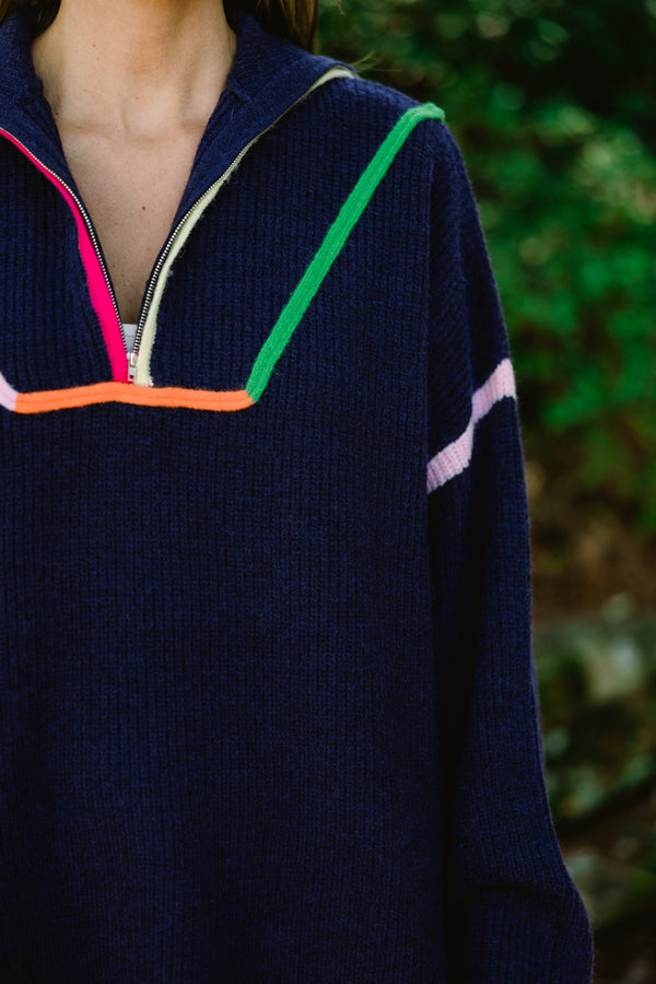 Chic Soul plus size clothing, navy long sleeve quarter zip sweater with bright multi colored trim along the sleeves, hem, and neckline