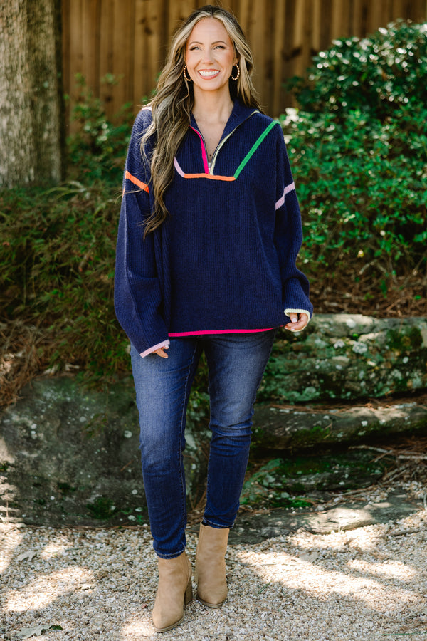 Chic Soul plus size clothing, navy long sleeve quarter zip sweater with bright multi colored trim along the sleeves, hem, and neckline