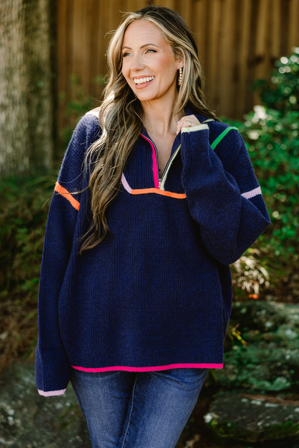 Chic Soul plus size clothing, navy long sleeve quarter zip sweater with bright multi colored trim along the sleeves, hem, and neckline