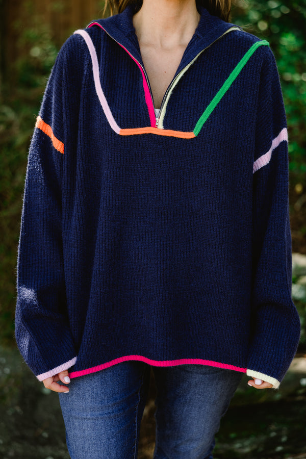 Chic Soul plus size clothing, navy long sleeve quarter zip sweater with bright multi colored trim along the sleeves, hem, and neckline