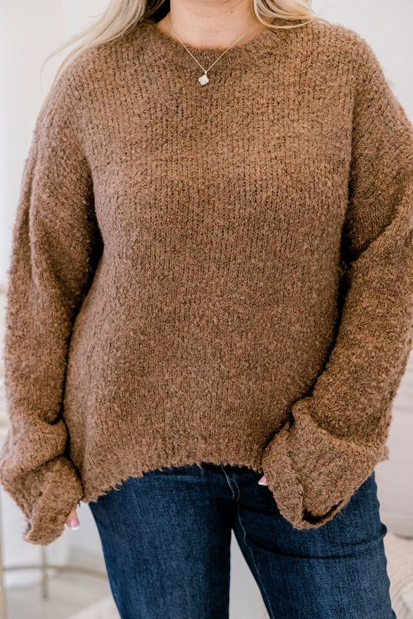 Chic Soul plus size clothing, chocolate brown long sleeve crewneck fuzzy sweater
