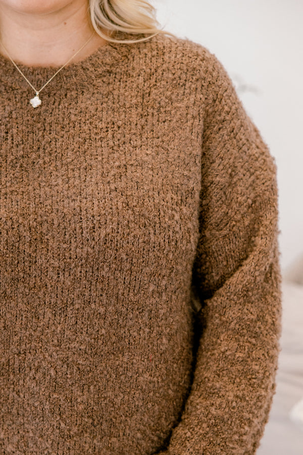 Chic Soul plus size clothing, chocolate brown long sleeve crewneck fuzzy sweater