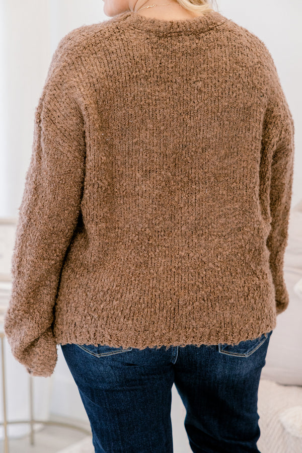 Chic Soul plus size clothing, chocolate brown long sleeve crewneck fuzzy sweater