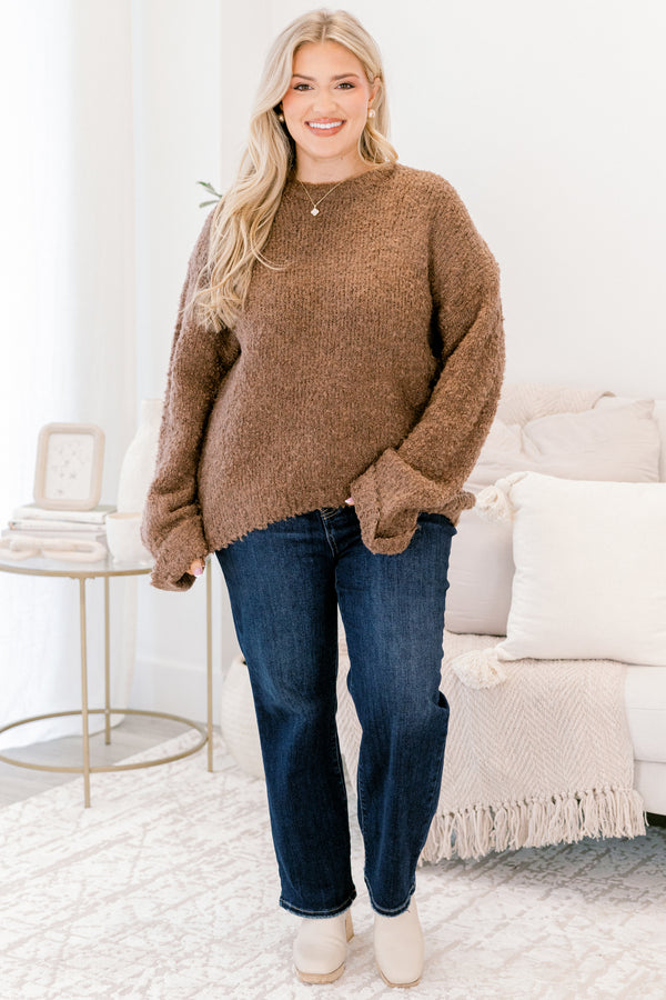 Chic Soul plus size clothing, chocolate brown long sleeve crewneck fuzzy sweater