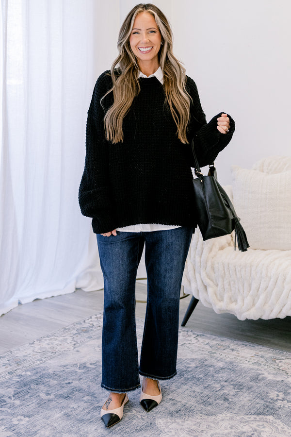 Chic Soul plus size clothing, black long sleeve knit crew neck sweater 