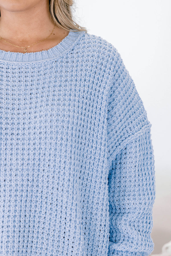 Chic Soul plus size clothing, blue woven long sleeve sweater with ribbed details on the neckline and at the end of the sleeves 