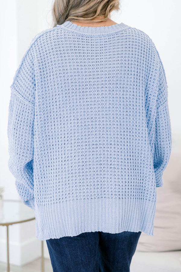 Chic Soul plus size clothing, blue woven long sleeve sweater with ribbed details on the neckline and at the end of the sleeves 