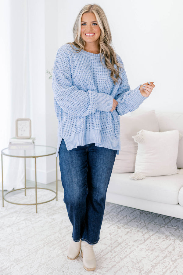 Chic Soul plus size clothing, blue woven long sleeve sweater with ribbed details on the neckline and at the end of the sleeves 