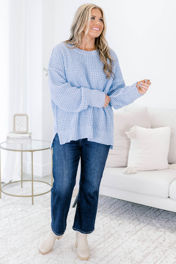 Chic Soul plus size clothing, blue woven long sleeve sweater with ribbed details on the neckline and at the end of the sleeves 