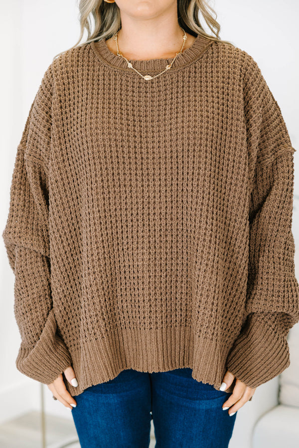 Plus Size brown chunky knit sweater with a crew neckline, long sleeves, and side slits.