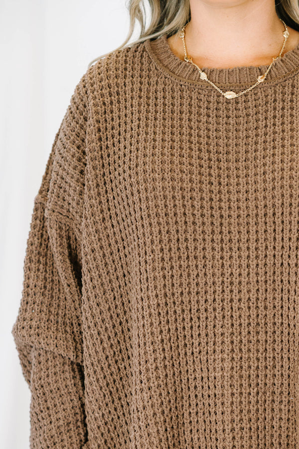 Plus Size brown chunky knit sweater with a crew neckline, long sleeves, and side slits.