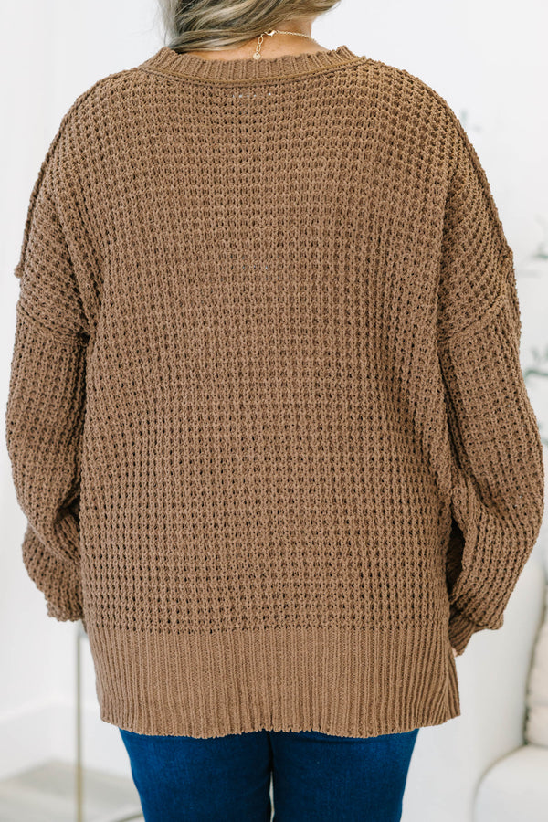 Plus Size brown chunky knit sweater with a crew neckline, long sleeves, and side slits.