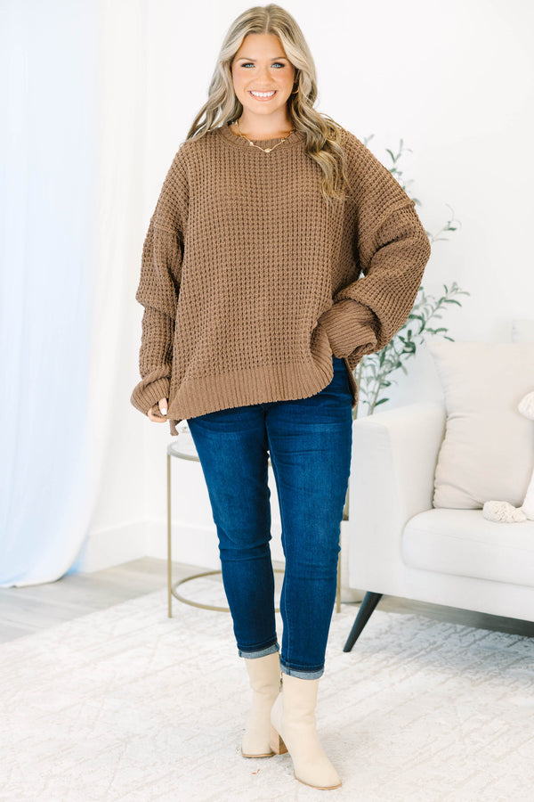 Plus Size brown chunky knit sweater with a crew neckline, long sleeves, and side slits.