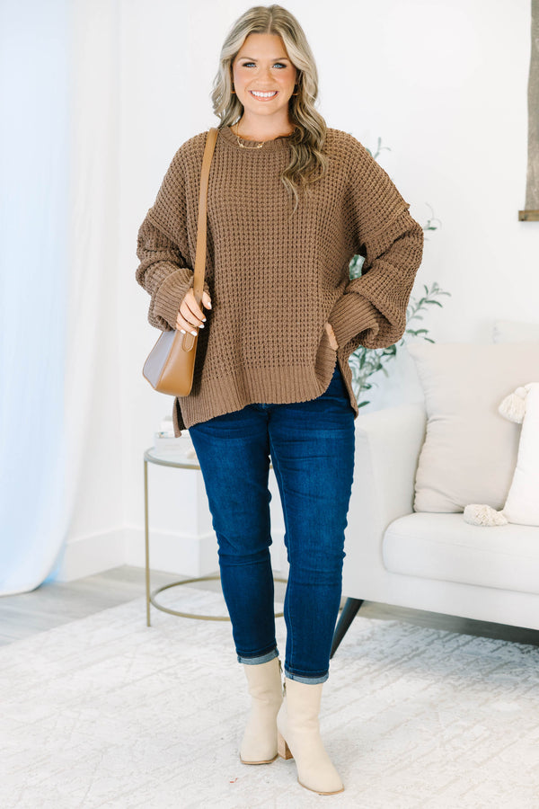 Plus Size brown chunky knit sweater with a crew neckline, long sleeves, and side slits.