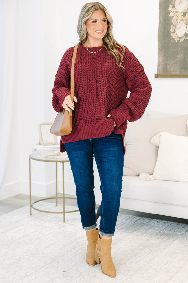 Plus Size burgundy chenille knit sweater with a crew neckline and oversized drop-shoulder sleeves.