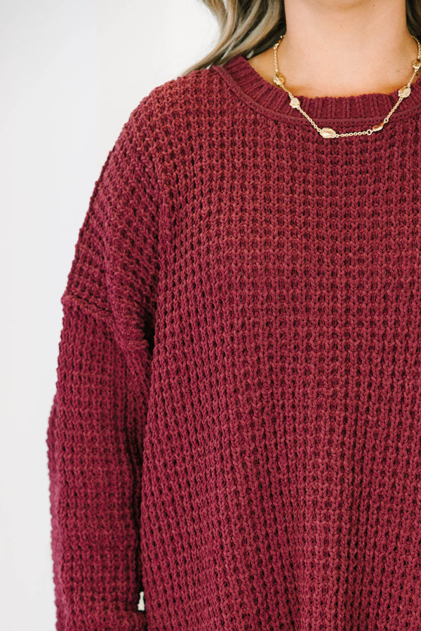 Plus Size burgundy chenille knit sweater with a crew neckline and oversized drop-shoulder sleeves.