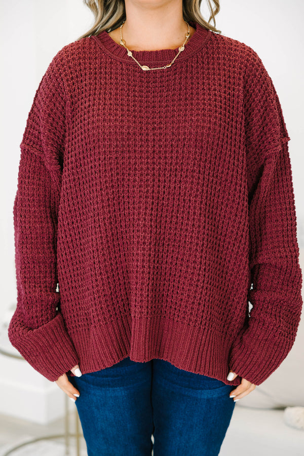 Plus Size burgundy chenille knit sweater with a crew neckline and oversized drop-shoulder sleeves.