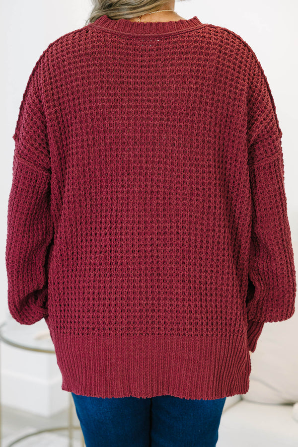 Plus Size burgundy chenille knit sweater with a crew neckline and oversized drop-shoulder sleeves.