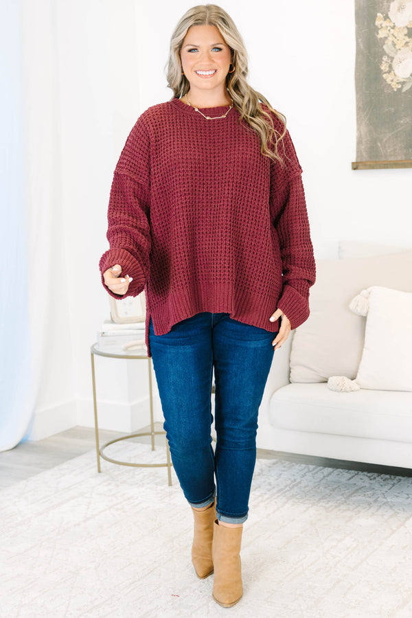 Plus Size burgundy chenille knit sweater with a crew neckline and oversized drop-shoulder sleeves.