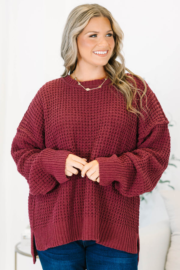 Plus Size burgundy chenille knit sweater with a crew neckline and oversized drop-shoulder sleeves.