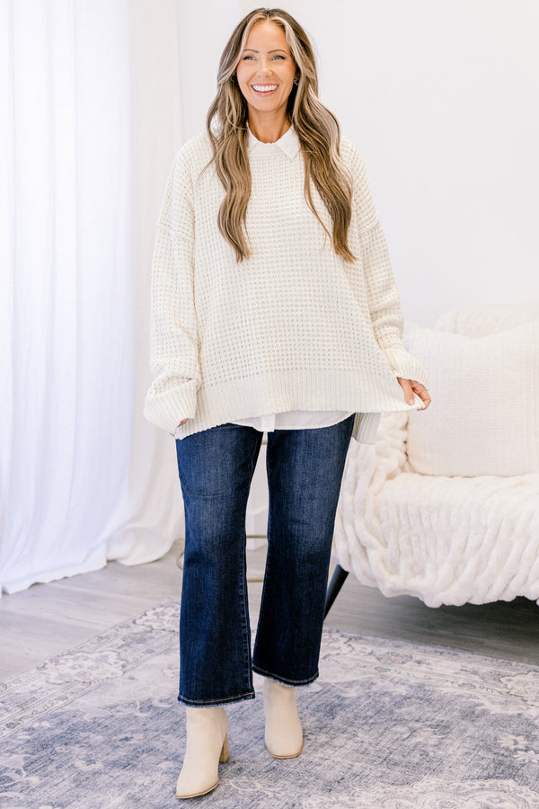 Chic Soul plus size clothing, cream long sleeve chunky knit crewneck sweater 