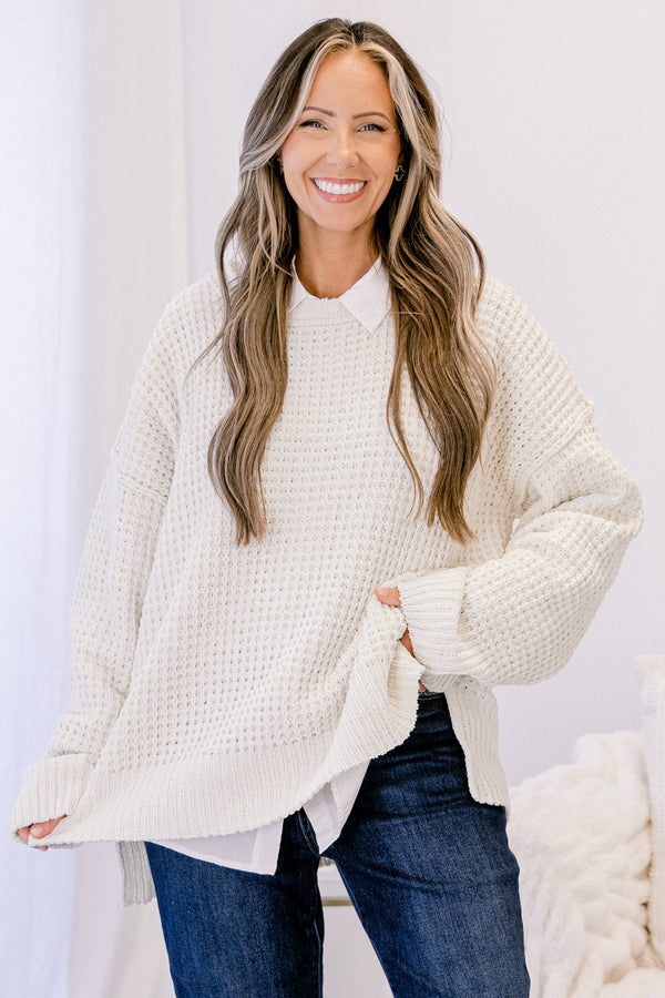 Chic Soul plus size clothing, cream long sleeve chunky knit crewneck sweater 